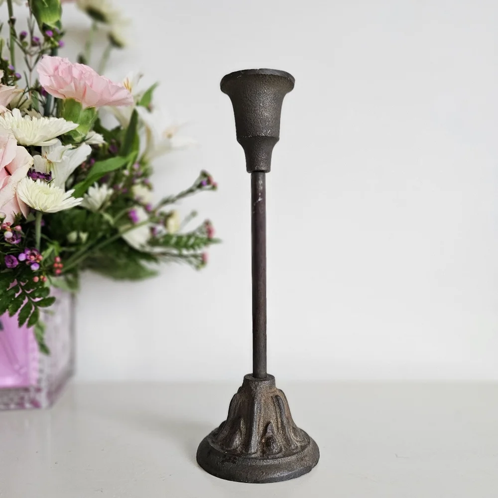 Antique Wrought Cast Iron Goth Candlestick Pillar CandleHolder & Green Candle